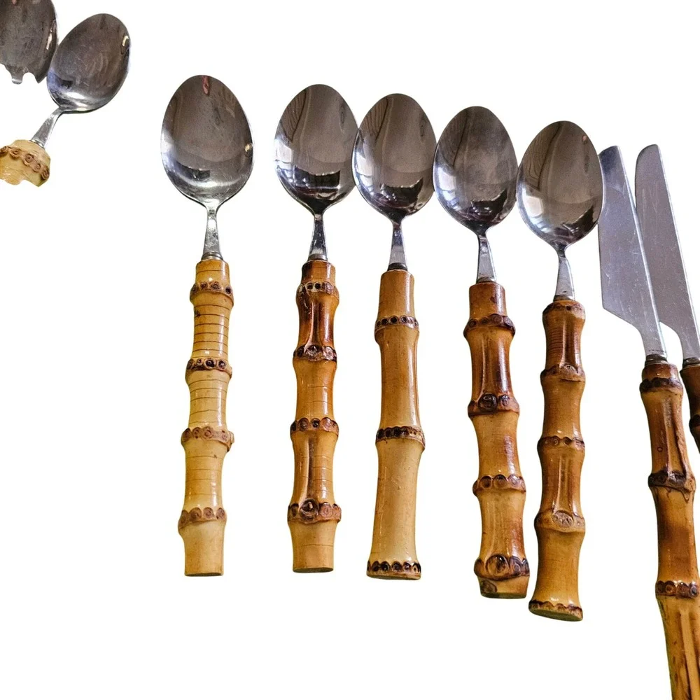 21pc Natural Bamboo Handle Flatware Set Stainless Steel Tiki Boho Silverware